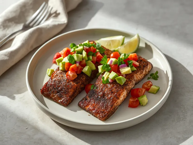 Blackened salmon with avocado salsa