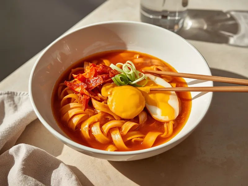 Kimchi ramen with egg and cheese